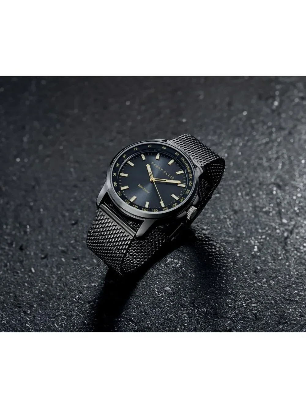 Men's All Black Steel Mesh Band Aluminum Tachymeter Bezel Water-Resistant Watch